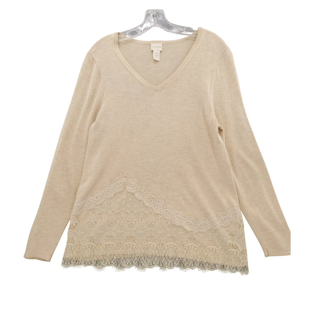 Chico's Lace Trim Sweater V-Neck‎ Long Sleeve Beige Knit Top Size 1 M